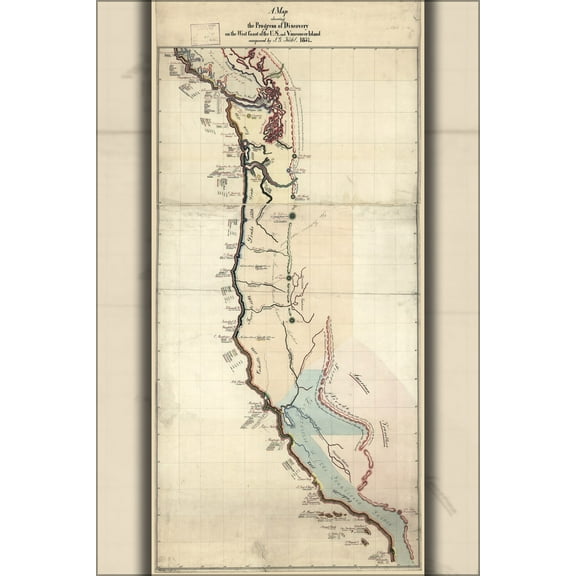 24"x36" Gallery Poster, Map of discovery of West coast united states 1856