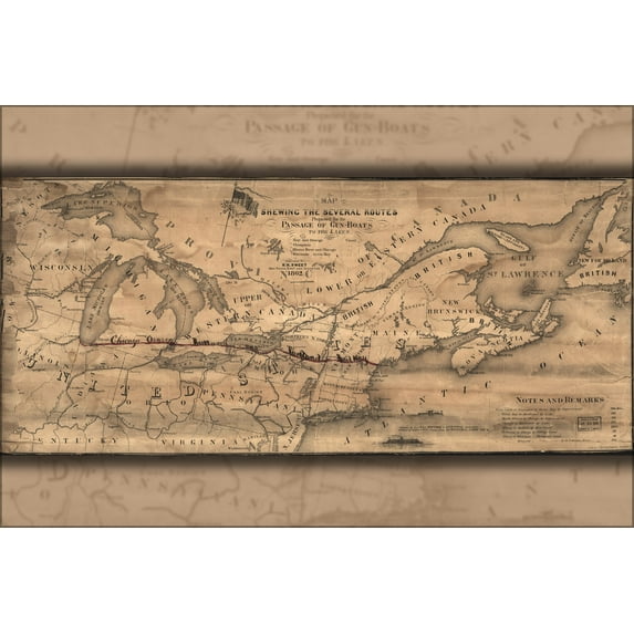 24"x36" Gallery Poster, Map of gunboat routes to the great Lakes 1862