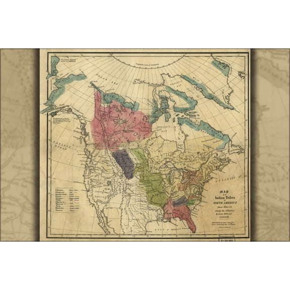 24"x36" Gallery Poster, Map of native american Indian tribes 1600 to 1800