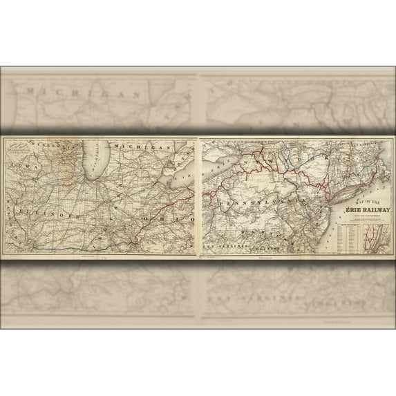 24"x36" Gallery Poster, Map of the Erie Railroad ohio pennsylvania 1869