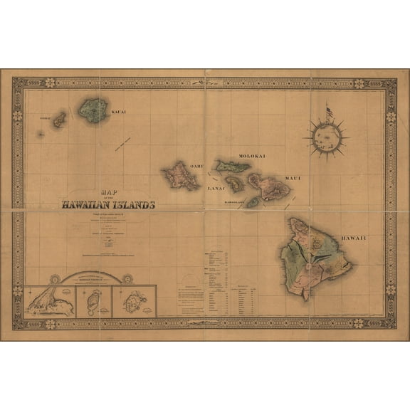 24"x36" Gallery Poster, Map of the Hawaiian Islands hawaii 1876