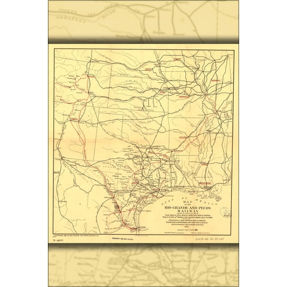 24"x36" Gallery Poster, Map of the Rio Grande & Pecos Railway texas 1882