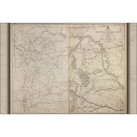 24"x36" Gallery Poster, Map of the Yellowstone and Missouri Rivers 1877