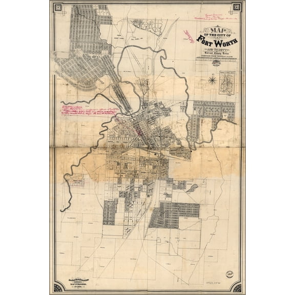 24"x36" Gallery Poster, Map of the city of Fort Worth texas 1880