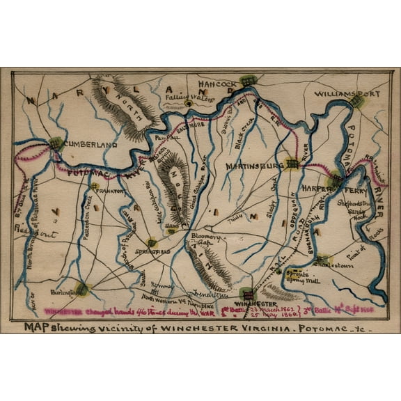 24"x36" Gallery Poster, Map vicinity of Winchester Virginia Potomac 1865