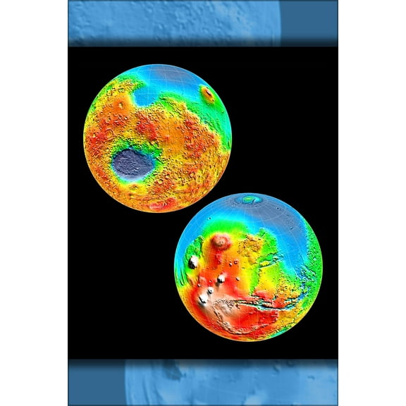 24"x36" Gallery Poster, Mars Orbiter topographic map showing the two hemispheres of planet