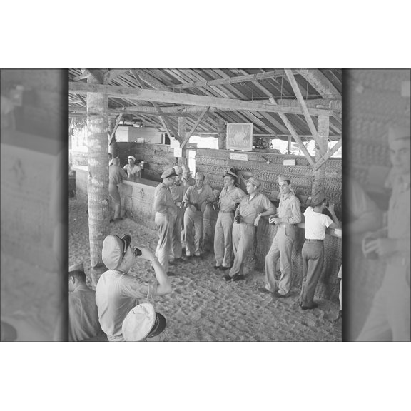 24"x36" Gallery Poster, Officers on Mogmog Island. Pilots on liberty at the bar 1945