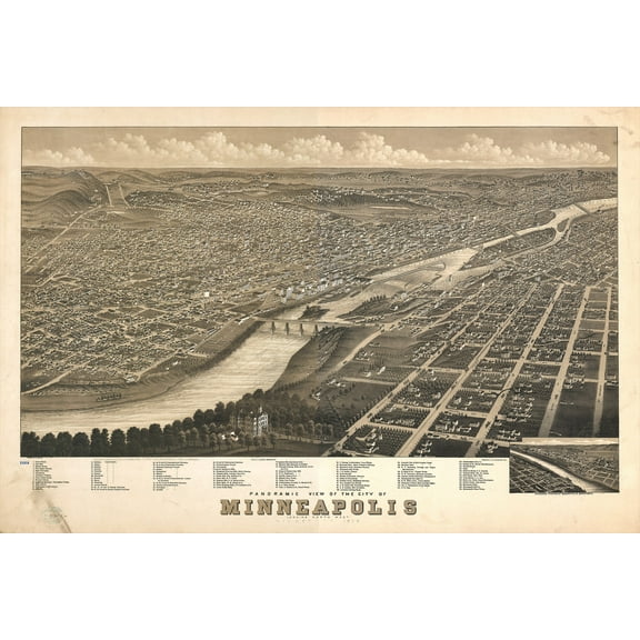 24"x36" Gallery Poster, Panoramic map of Minneapolis, Minnesota, 1879