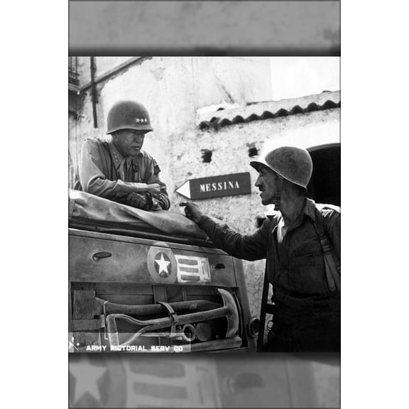 24"x36" Gallery Poster, Patton speaking with Lt. Col. Lyle Bernard, at Brolo, circa 1943