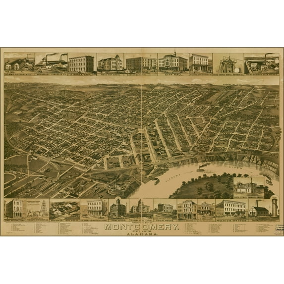 24"x36" Gallery Poster, Perspective map Montgomery, Alabama 1887