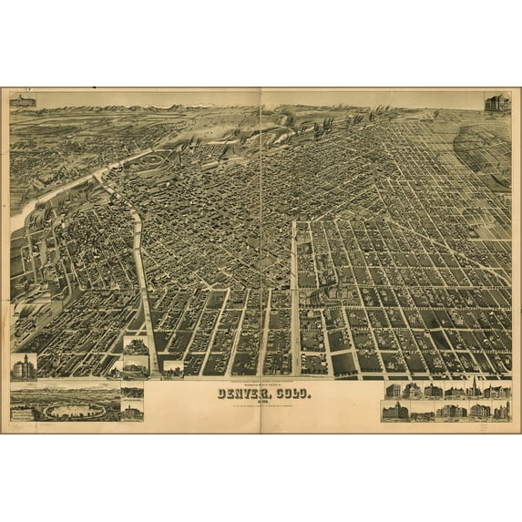 24"x36" Gallery Poster, Perspective map of Denver, Colorado 1889