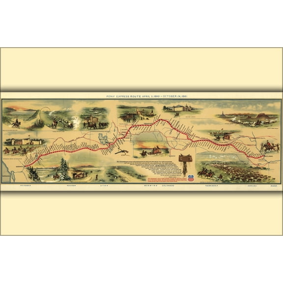24"x36" Gallery Poster, Pony Express map, by William Henry Jackson, 1861