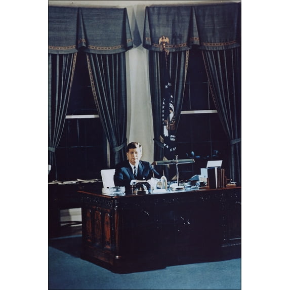 24"x36" Gallery Poster, Portrait of President Kennedy at his desk. White House, Oval Office