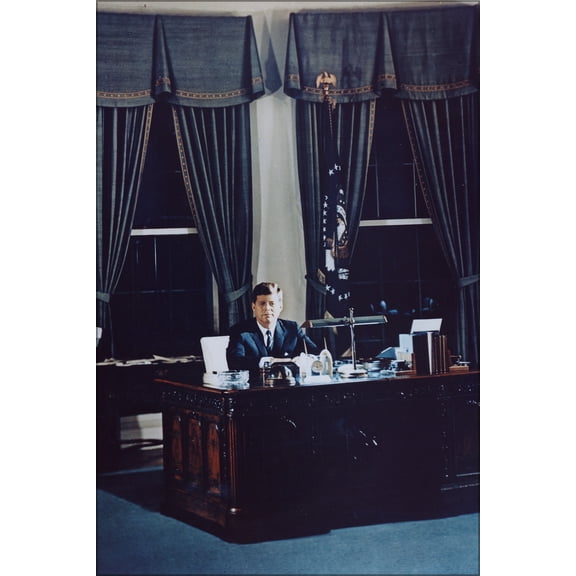 24"x36" Gallery Poster, Portrait of President Kennedy at his desk. White House, Oval Office