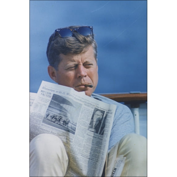 24"x36" Gallery Poster, President Kennedy with cigar and New York Times. Hyannisport, MA, aboard the Honey Fitz 1963