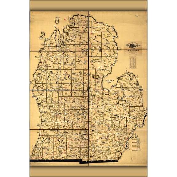 24"x36" Gallery Poster, Railroad map of Michigan circa 1897 by Galbraith