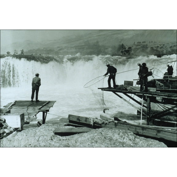 24"x36" Gallery Poster, Salmon fishing with large loop nets by Native American indians