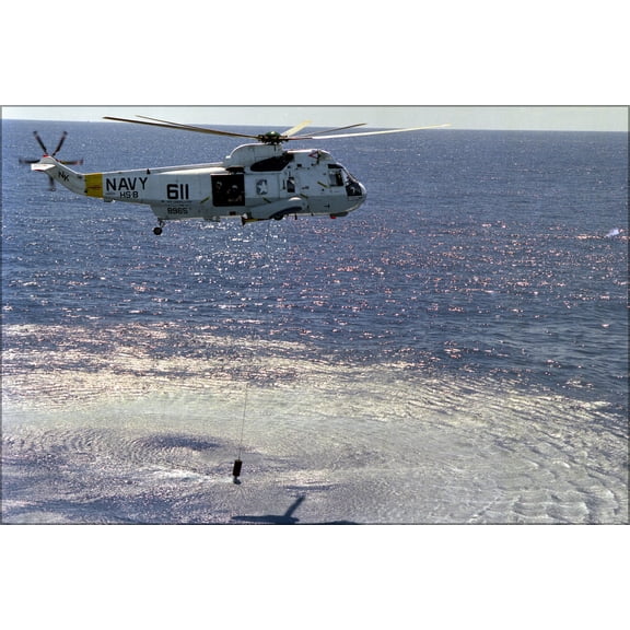 24"x36" Gallery Poster, Sikorsky SH-3H Sea King helicopter lowers an AQS-13 dipping sonar