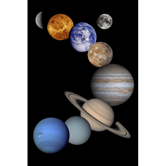 24"x36" Gallery Poster, Solar System Planets; Mercury Venus Earth Mars Jupiter Saturn Uranus Neptune Pluto