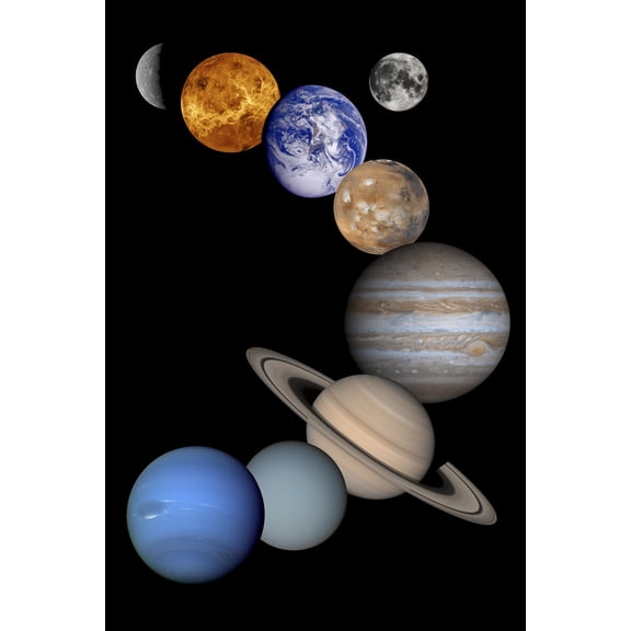 24"x36" Gallery Poster, Solar System Planets; Mercury Venus Earth Mars Jupiter Saturn Uranus Neptune Pluto