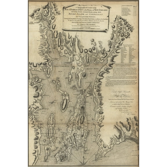 24"x36" Gallery Poster, Topographic Chart map Bay of Narraganset 1777