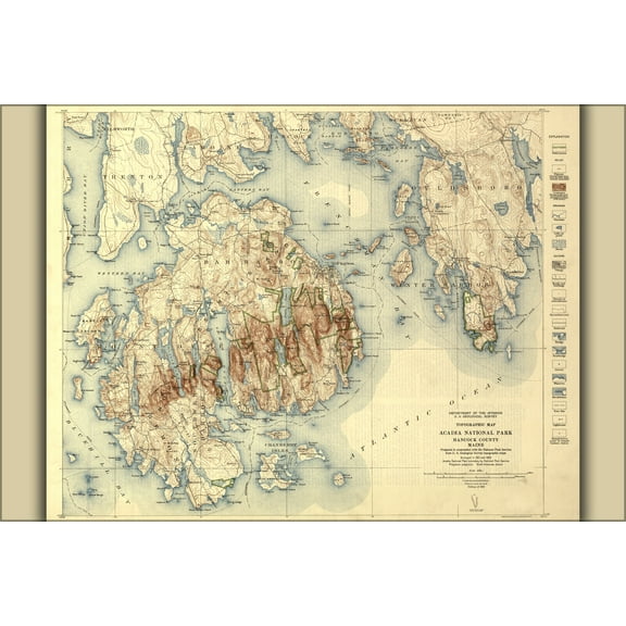 24"x36" Gallery Poster, Topographic Map, Acadia National Park, Hancock County, Maine 1931