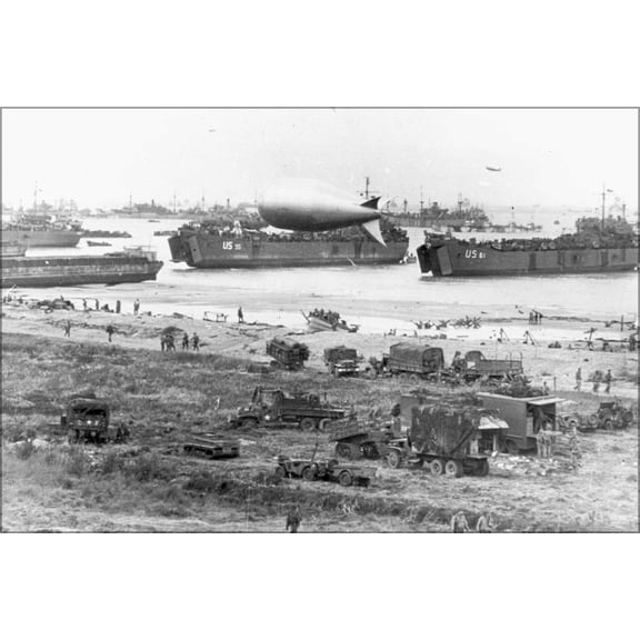 24"x36" Gallery Poster, U.S. Navy LSTs and other vessels unloading at low tide at Normandy, soon after the June 1944 d-day invasion