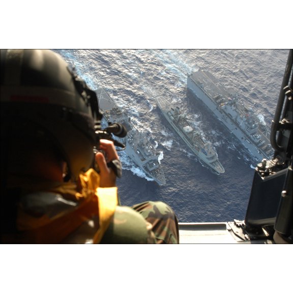 24"x36" Gallery Poster, U.S. Navy Photographer documents a Refuel At Sea (RAS) operation conducted by USS Rushmore (LSD 47)