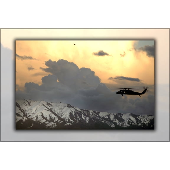 24"x36" Gallery Poster, UH-60 Black Hawk helicopter flies near Bagram Airfield, Afghanistan, March 22, 2007