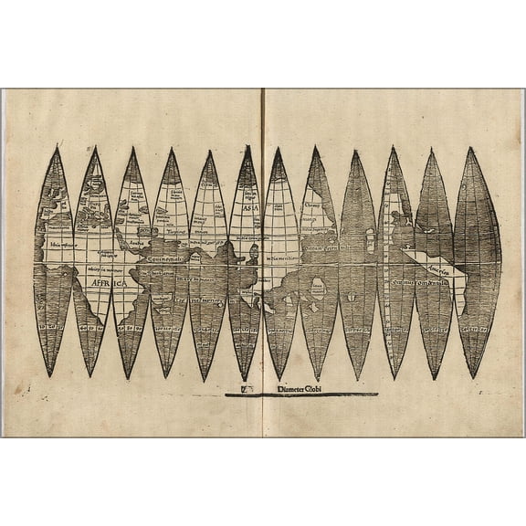 24"x36" Gallery Poster, Waldseemller, Globensegmente World Map 1507
