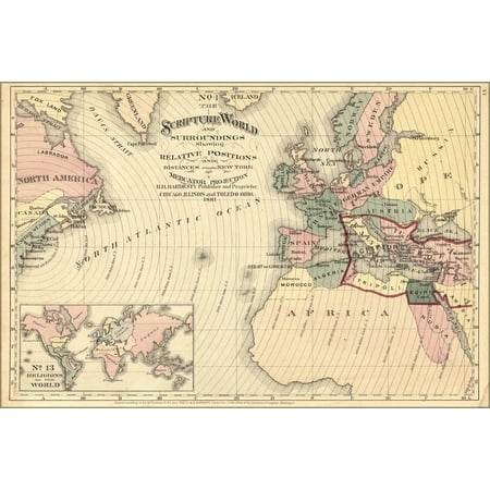24"x36" Gallery Poster, bible map of scripture world; israel egypt 1881
