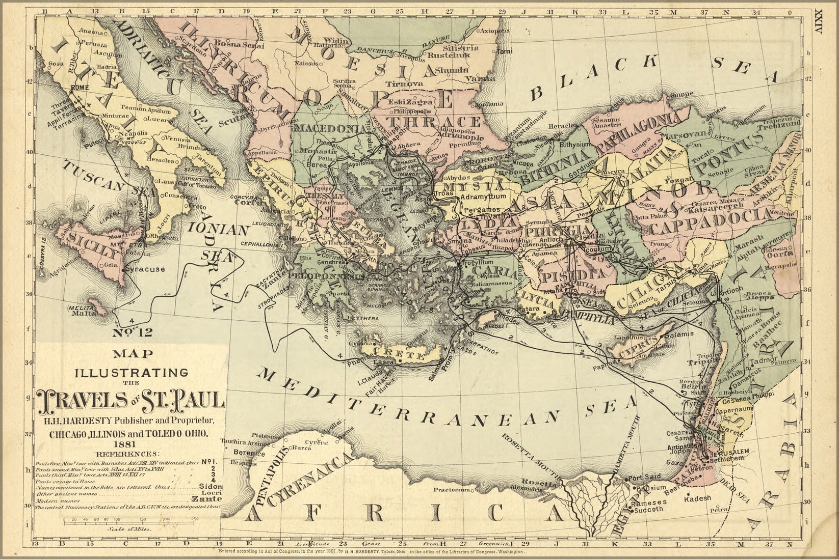 24"x36" Gallery Poster, bible map of travels of st. paul saint 1881 ...