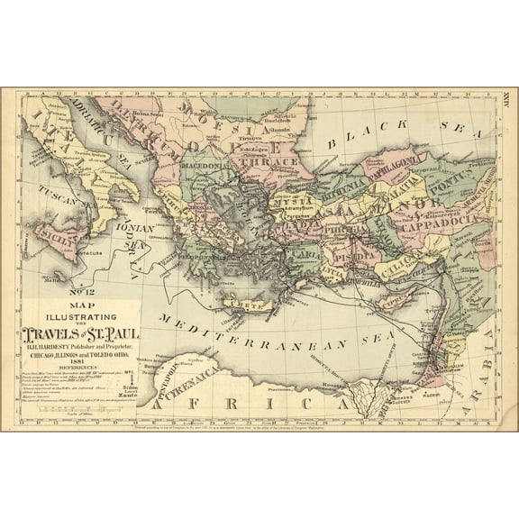 24"x36" Gallery Poster, bible map of travels of st. paul saint 1881