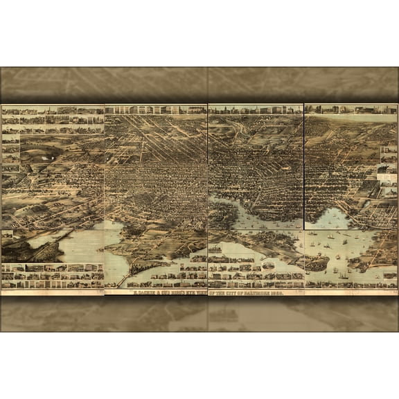 24"x36" Gallery Poster, birdseye map of Baltimore maryland 1869