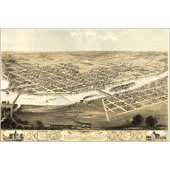 24"x36" Gallery Poster, birdseye map of Cedar Rapids & Kingston Iowa 1868