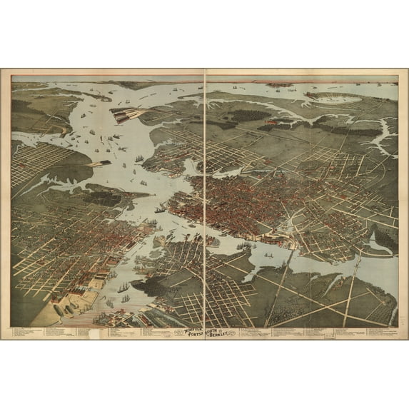 24"x36" Gallery Poster, birdseye map of Norfolk Portsmouth Virginia 1891