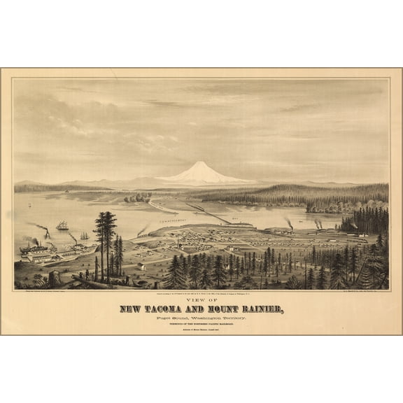 24"x36" Gallery Poster, birdseye view map Tacoma and Mount Rainier, Puget Sound, Washington Territory 1878