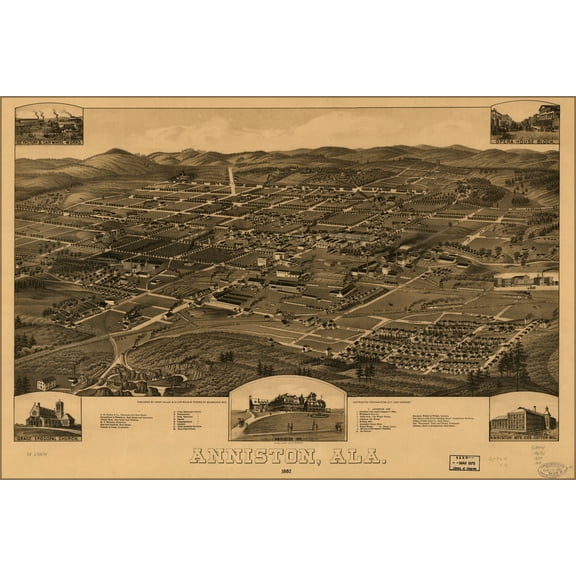 24"x36" Gallery Poster, birdseye view map of Anniston, Alabama 1887