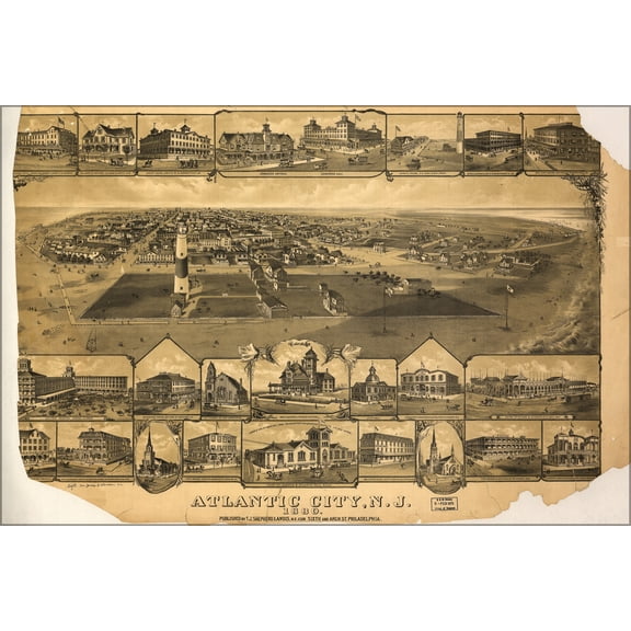 24"x36" Gallery Poster, birdseye view map of Atlantic City, New jersey 1880