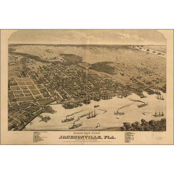 24"x36" Gallery Poster, birdseye view map of Jacksonville, Florida 1876