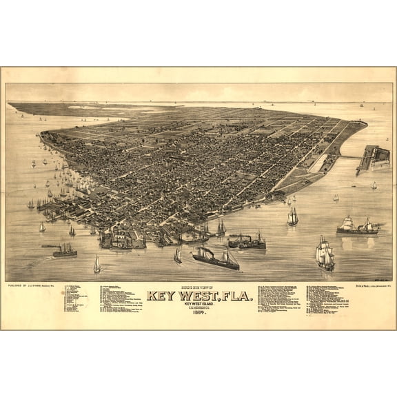 24"x36" Gallery Poster, birdseye view map of Key West, Florida 1884