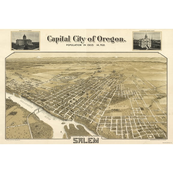 24"x36" Gallery Poster, birdseye view map of Salem oregon 1905