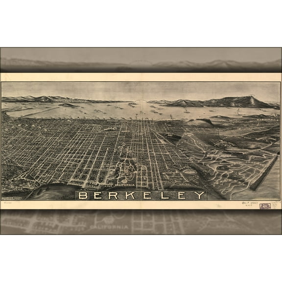 24"x36" Gallery Poster, birdseye view map of berkeley california 1909
