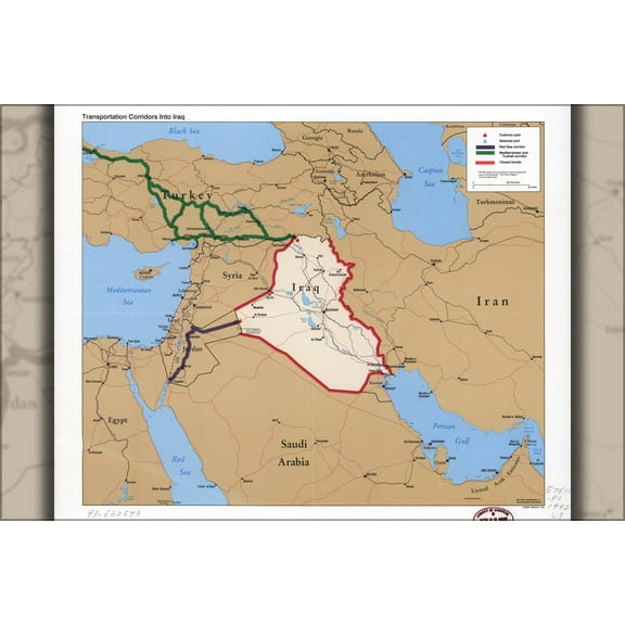 24"x36" Gallery Poster, cia map Transportation corridors into Iraq 1992