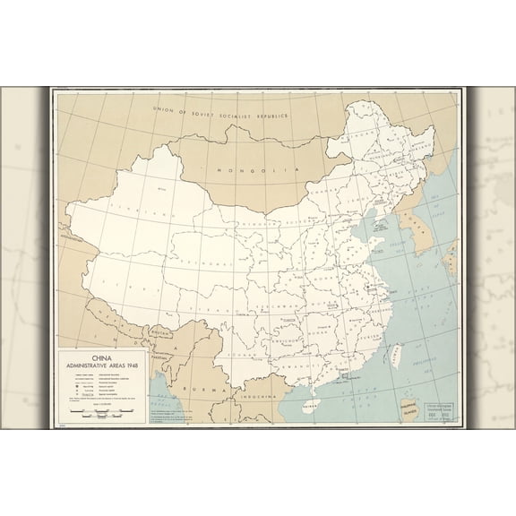 24"x36" Gallery Poster, cia map of China, administrative areas 1948