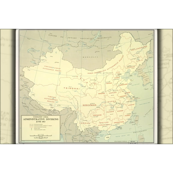 24"x36" Gallery Poster, cia map of Communist China admin. Divisions 1967