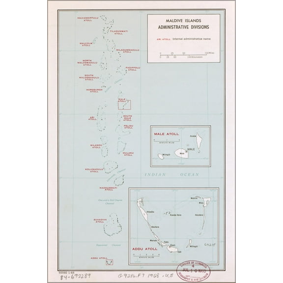 24"x36" Gallery Poster, cia map of Maldive Islands, admin divisions 1968