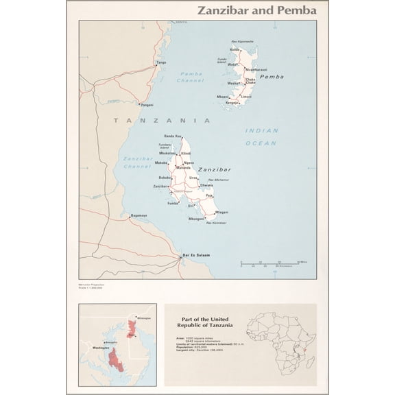 24"x36" Gallery Poster, cia map of Zanzibar and Pemba 1976