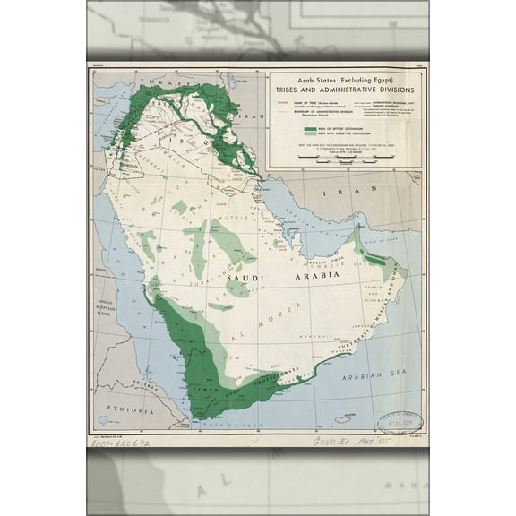 24"x36" Gallery Poster, cia map of saudi arabia iraq syria; tribes and administrative divisions 1947