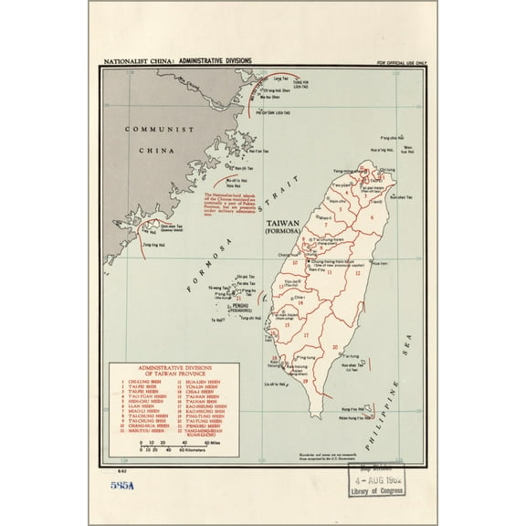 24"x36" Gallery Poster, cia map of taiwan administrative divisons 1962